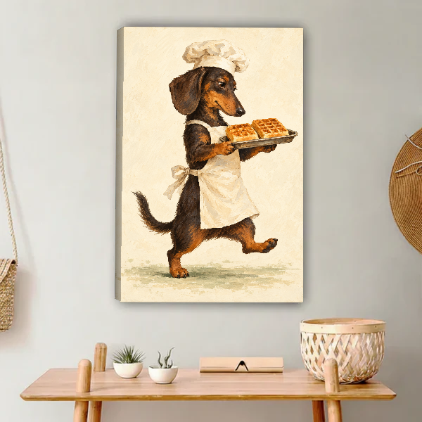 Dachshund Waffle Chef Canvas Wall Art unframed above a light wood console and woven basket.