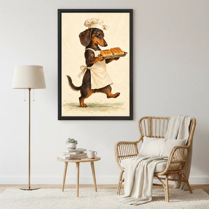 Dachshund Waffle Chef Canvas Wall Art framed beside a wicker armchair and brass floor lamp.