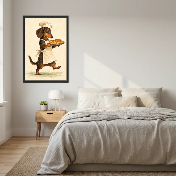 Dachshund Waffle Chef Canvas Wall Art framed above cream bedding and pale wood nightstands.