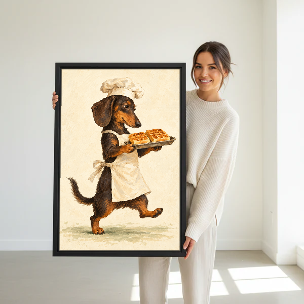 Dachshund Waffle Chef Canvas Wall Art held in a black frame by a woman in cream.