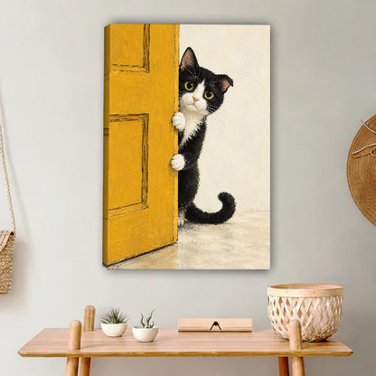 Peekaboo Kitten Canvas Wall Art unframed above a light wood console and woven basket.