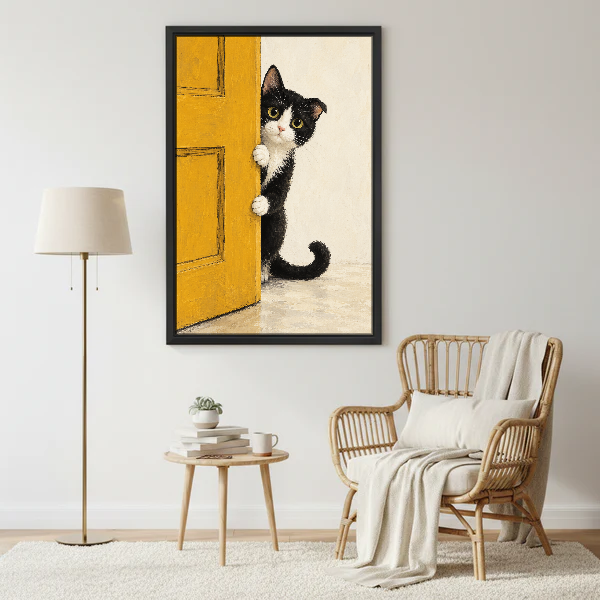 Peekaboo Kitten Canvas Wall Art framed beside a wicker armchair and floor lamp.