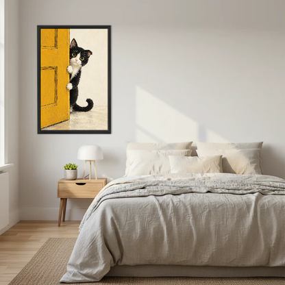Peekaboo Kitten Canvas Wall Art framed above a cream bed with wooden nightstands.
