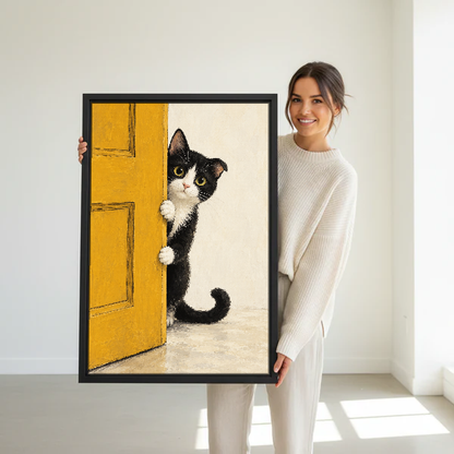 Peekaboo Kitten Canvas Wall Art held in a black frame by a standing woman in white.