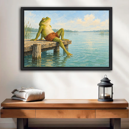 Lakeside Frog Canvas Wall Art framed above a wood console with linen and lantern.