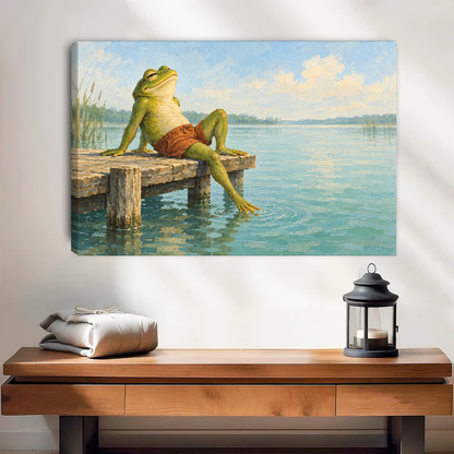 Lakeside Frog Canvas Wall Art unframed above a wood console with linen and lantern.