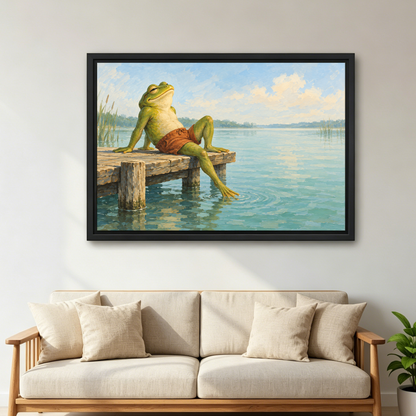 Lakeside Frog Canvas Wall Art framed above a cream sofa with wooden arms.