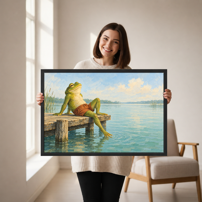 Lakeside Frog Canvas Wall Art held in a black landscape frame by a standing woman.