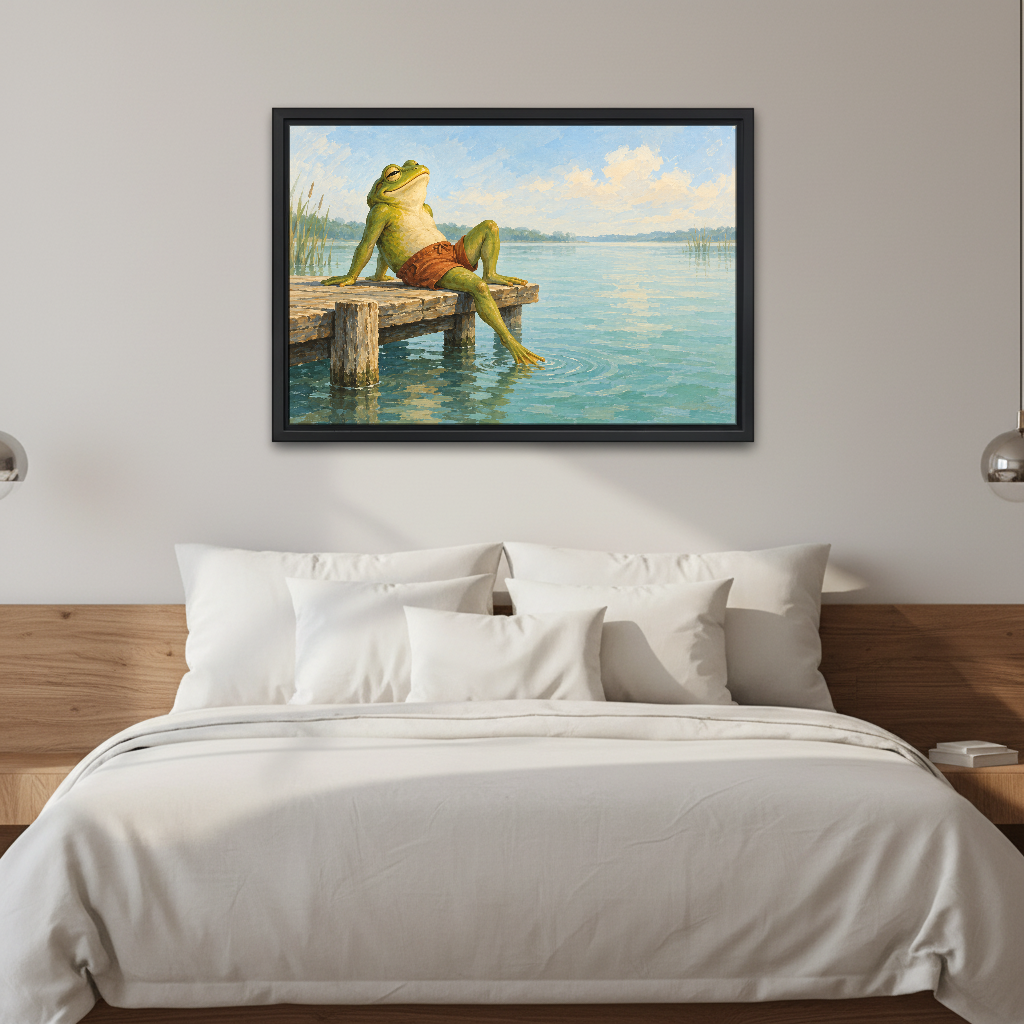 Lakeside Frog Canvas Wall Art framed above white bedding and a warm wood headboard.