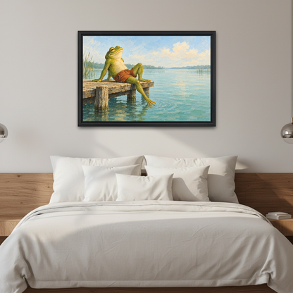 Lakeside Frog Canvas Wall Art framed above white bedding and a warm wood headboard.