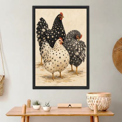 Spotted Hen Trio Canvas Wall Art framed above a light wood console with cacti.