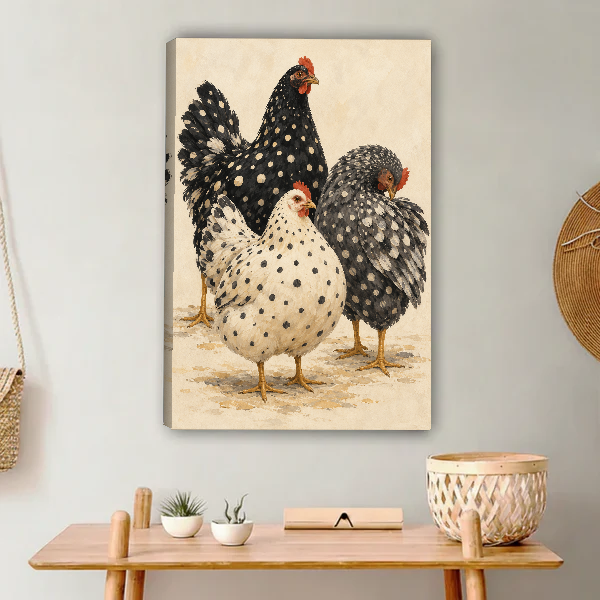 Spotted Hen Trio Canvas Wall Art unframed above a light wood console and woven basket.