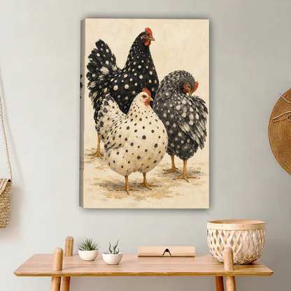 Spotted Hen Trio Canvas Wall Art unframed above a light wood console and woven basket.
