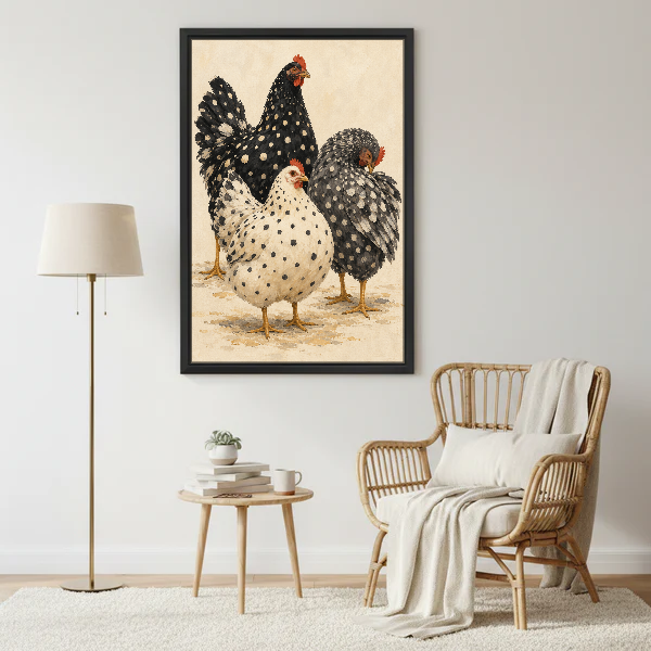 Spotted Hen Trio Canvas Wall Art framed beside a wicker armchair and floor lamp.