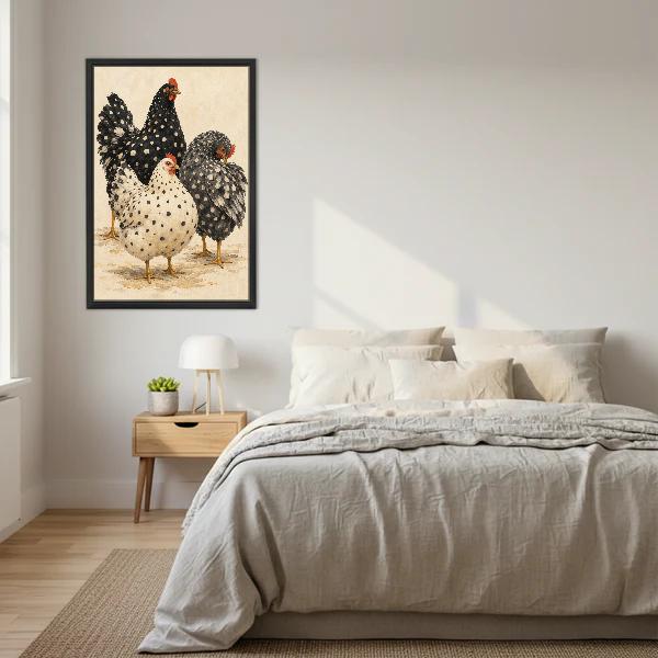Spotted Hen Trio Canvas Wall Art framed above a cream bed with wooden nightstands.