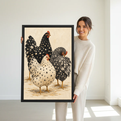 Spotted Hen Trio Canvas Wall Art held in a black frame by a standing woman in white.