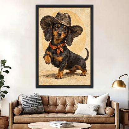 Cowboy Dachshund Canvas Wall Art framed above a brown leather sofa and brass lamp.