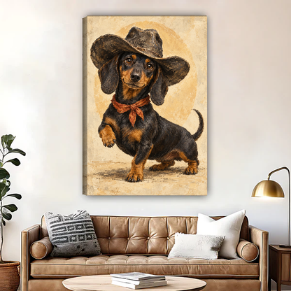 Cowboy Dachshund Canvas Wall Art unframed above a brown leather sofa and brass lamp.