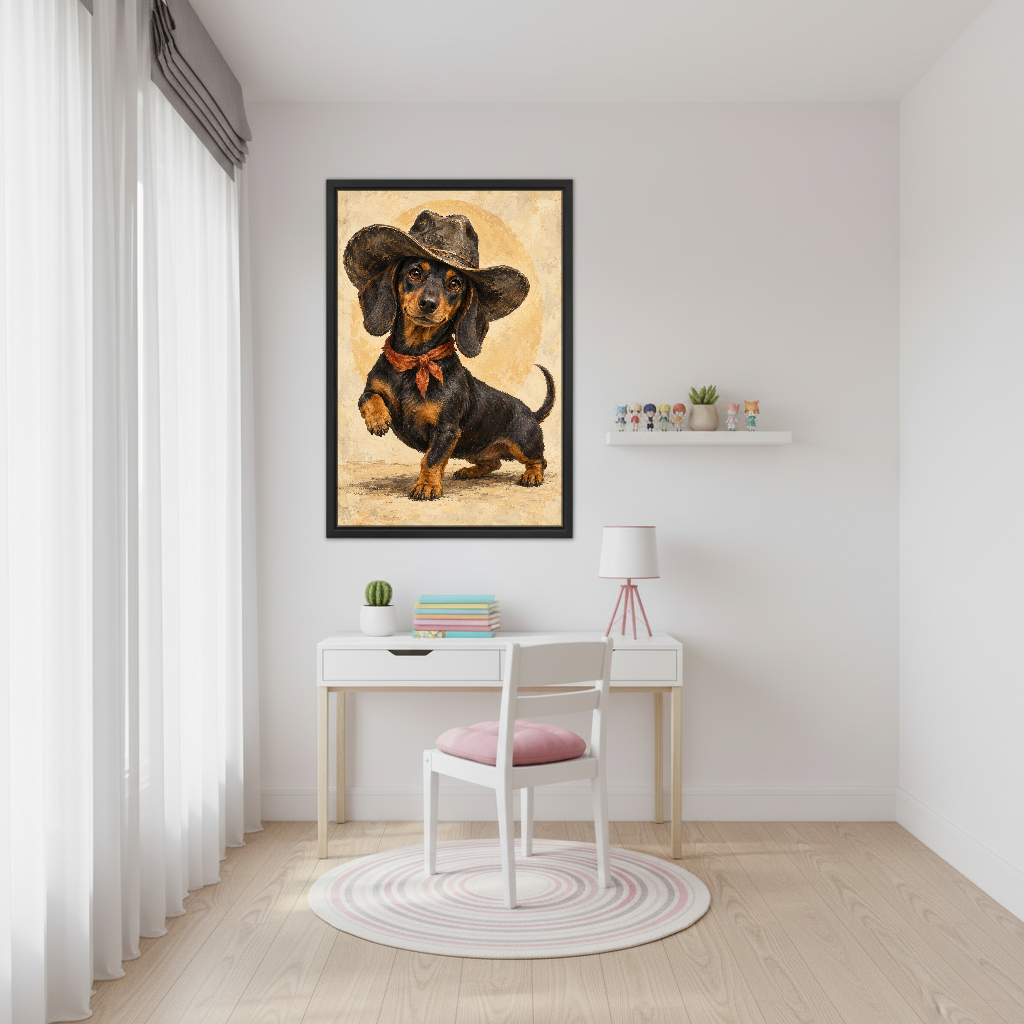 Cowboy Dachshund Canvas Wall Art framed above a white study desk with pink chair.