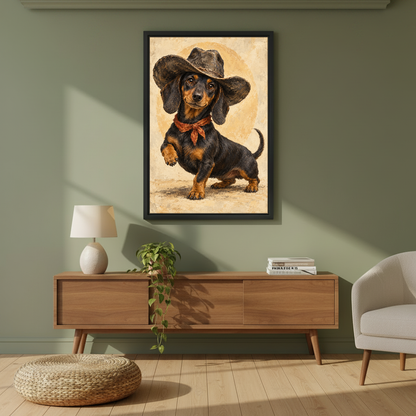 Cowboy Dachshund Canvas Wall Art framed above a wood console against an olive wall.