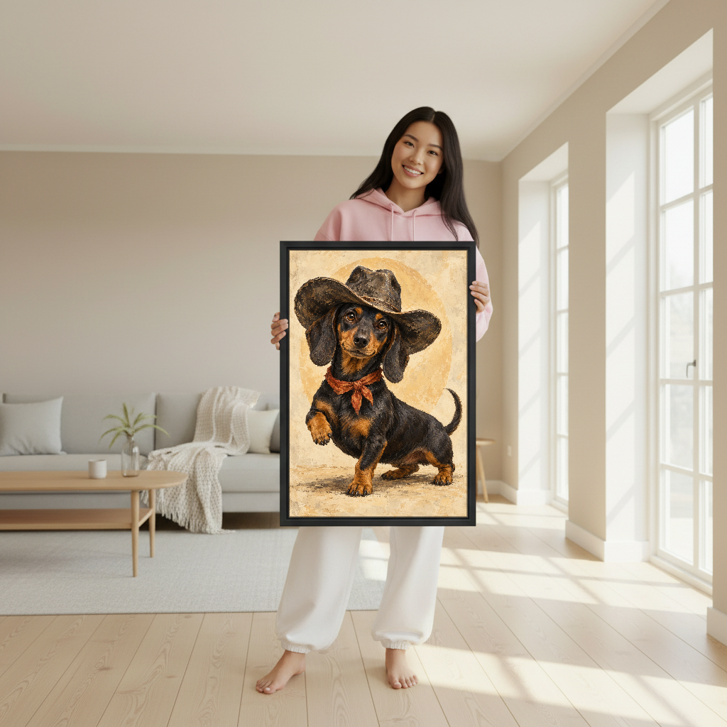 Cowboy Dachshund Canvas Wall Art held in a black frame by a woman wearing pink.