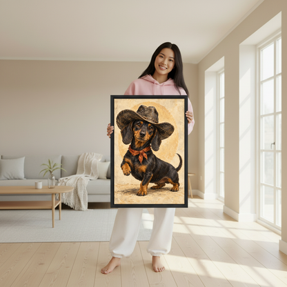 Cowboy Dachshund Canvas Wall Art held in a black frame by a woman wearing pink.