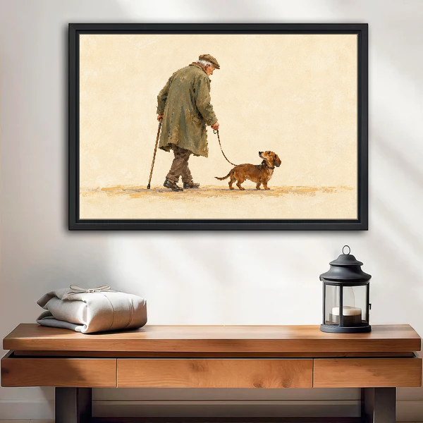 Old Friends Walk Canvas Wall Art framed above a wood console with linen and lantern.