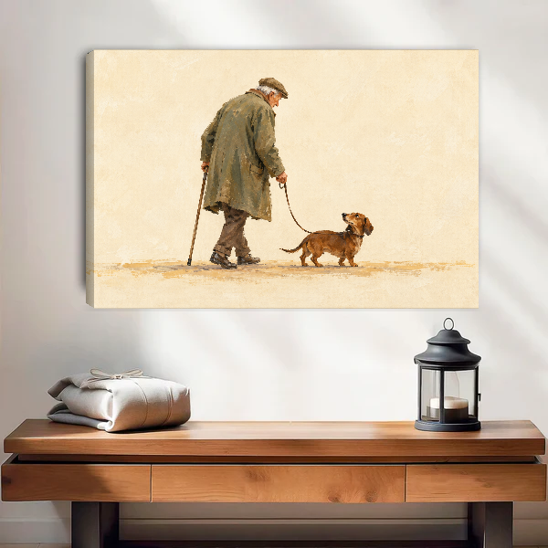 Old Friends Walk Canvas Wall Art unframed above a wood console with linen and lantern.