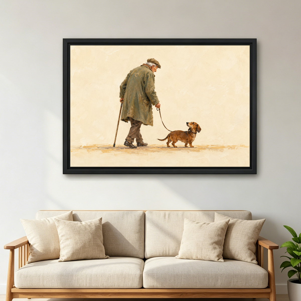 Old Friends Walk Canvas Wall Art framed above a cream sofa with wooden arms.