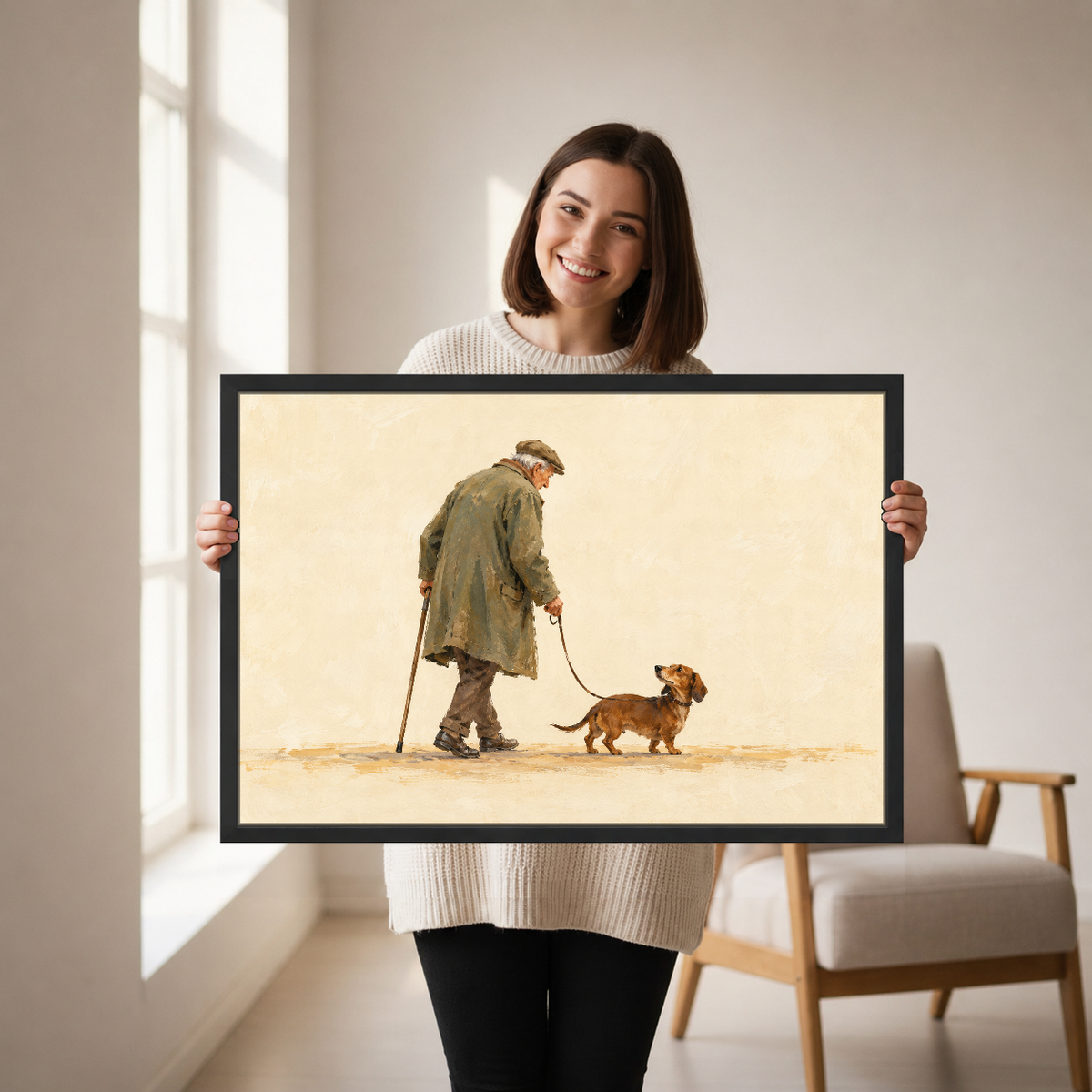 Old Friends Walk Canvas Wall Art held in a black landscape frame by a standing woman.