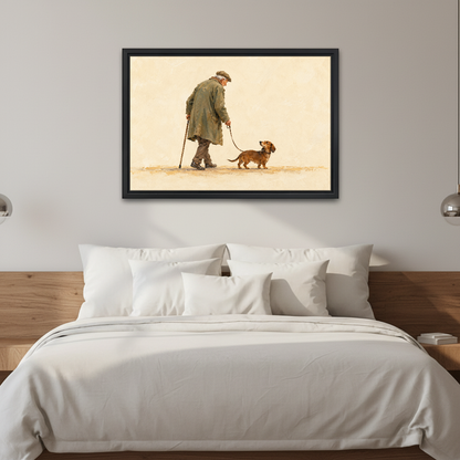 Old Friends Walk Canvas Wall Art framed above white bedding and a warm wood headboard.