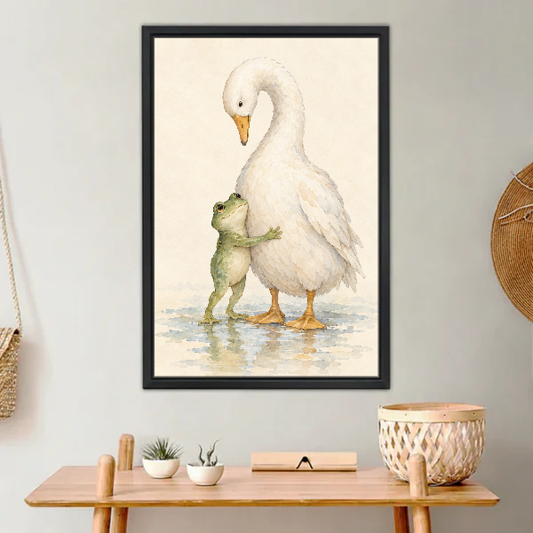 Frog Goose Hug Canvas Wall Art framed above a light wood console with cacti.