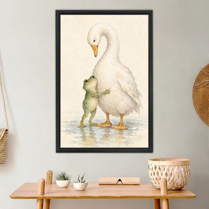Frog Goose Hug Canvas Wall Art framed above a light wood console with cacti.