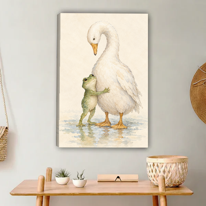 Frog Goose Hug Canvas Wall Art unframed above a light wood console and woven basket.