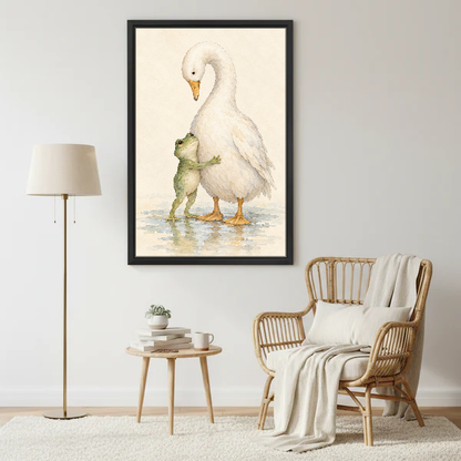 Frog Goose Hug Canvas Wall Art framed beside a wicker armchair and floor lamp.
