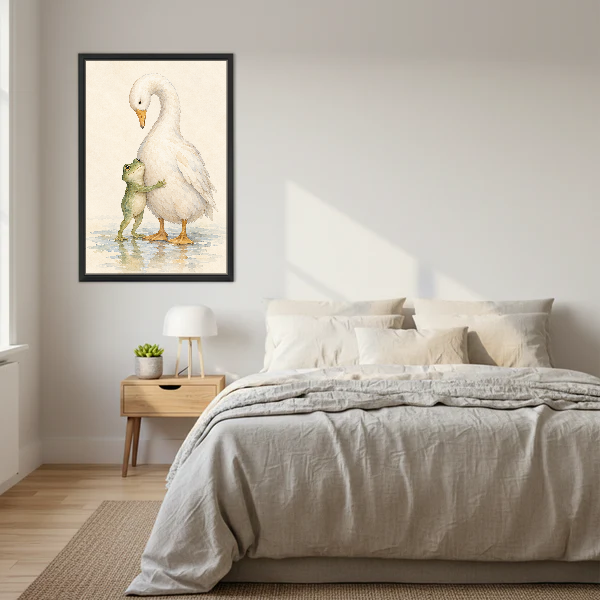 Frog Goose Hug Canvas Wall Art framed above a cream bed with wooden nightstands.