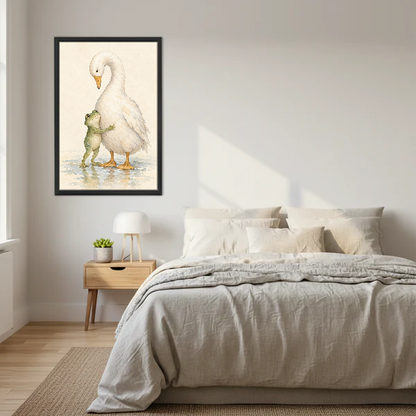 Frog Goose Hug Canvas Wall Art framed above a cream bed with wooden nightstands.