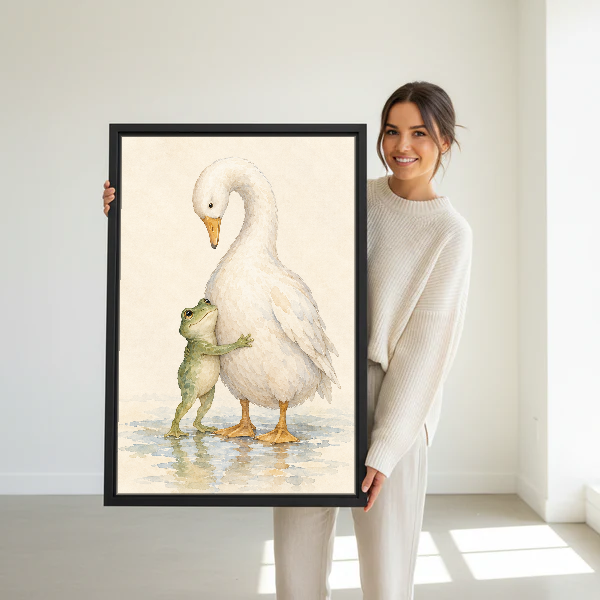 Frog Goose Hug Canvas Wall Art held in a black frame by a standing woman in white.