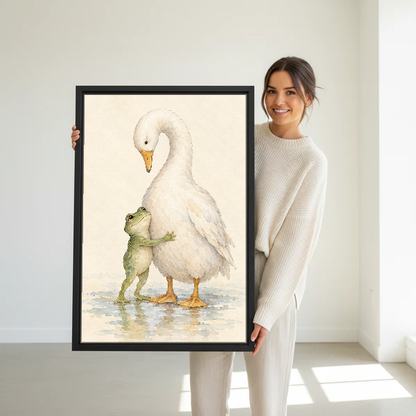 Frog Goose Hug Canvas Wall Art held in a black frame by a standing woman in white.