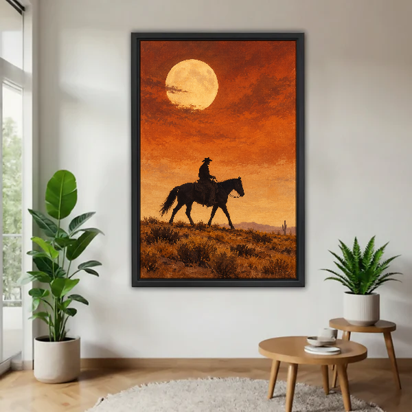Moonlit Cowboy Canvas Wall Art framed above a wood table with green plants.