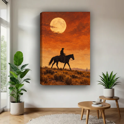 Moonlit Cowboy Canvas Wall Art unframed above a wood table with green plants.