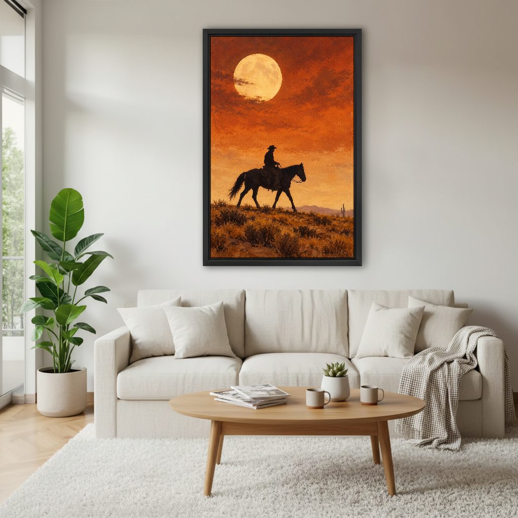 Moonlit Cowboy Canvas Wall Art framed above a white sofa and round coffee table.