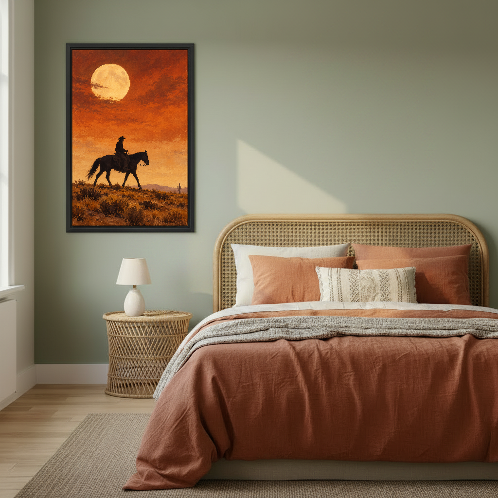 Moonlit Cowboy Canvas Wall Art framed above copper bedding against a muted olive wall.