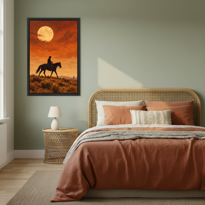 Moonlit Cowboy Canvas Wall Art framed above copper bedding against a muted olive wall.