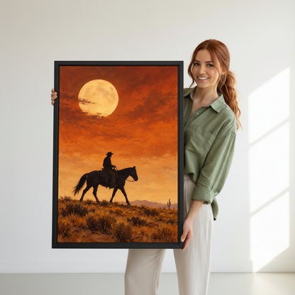 Moonlit Cowboy Canvas Wall Art held in a black frame by a woman wearing green.