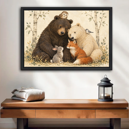 Woodland Animal Friends Canvas Wall Art framed above a wood console with linen and lantern.