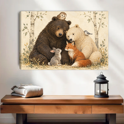 Woodland Animal Friends Canvas Wall Art unframed above a wood console with linen and lantern.