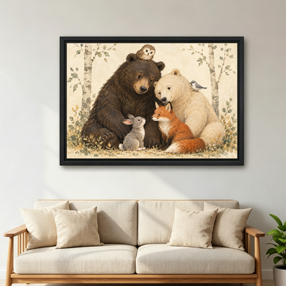Woodland Animal Friends Canvas Wall Art framed above a cream sofa with wooden arms.
