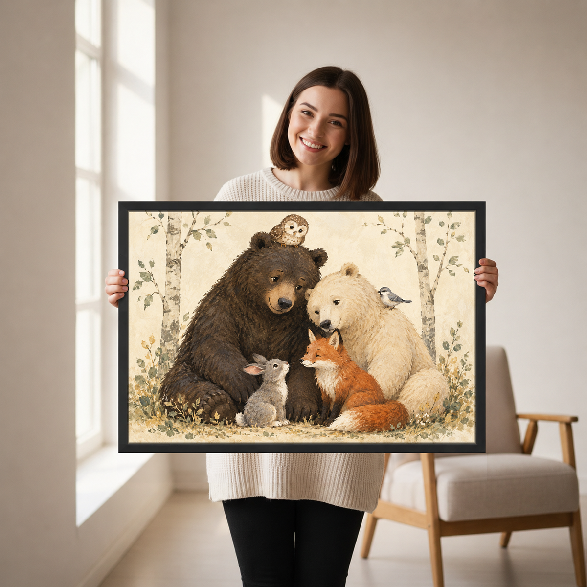 Woodland Animal Friends Canvas Wall Art held in a black landscape frame by a standing woman.