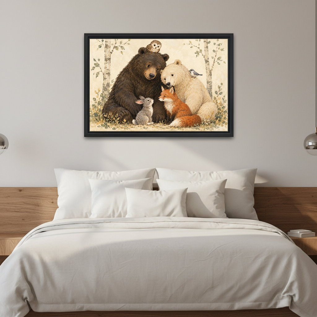 Woodland Animal Friends Canvas Wall Art framed above white bedding and a warm wood headboard.